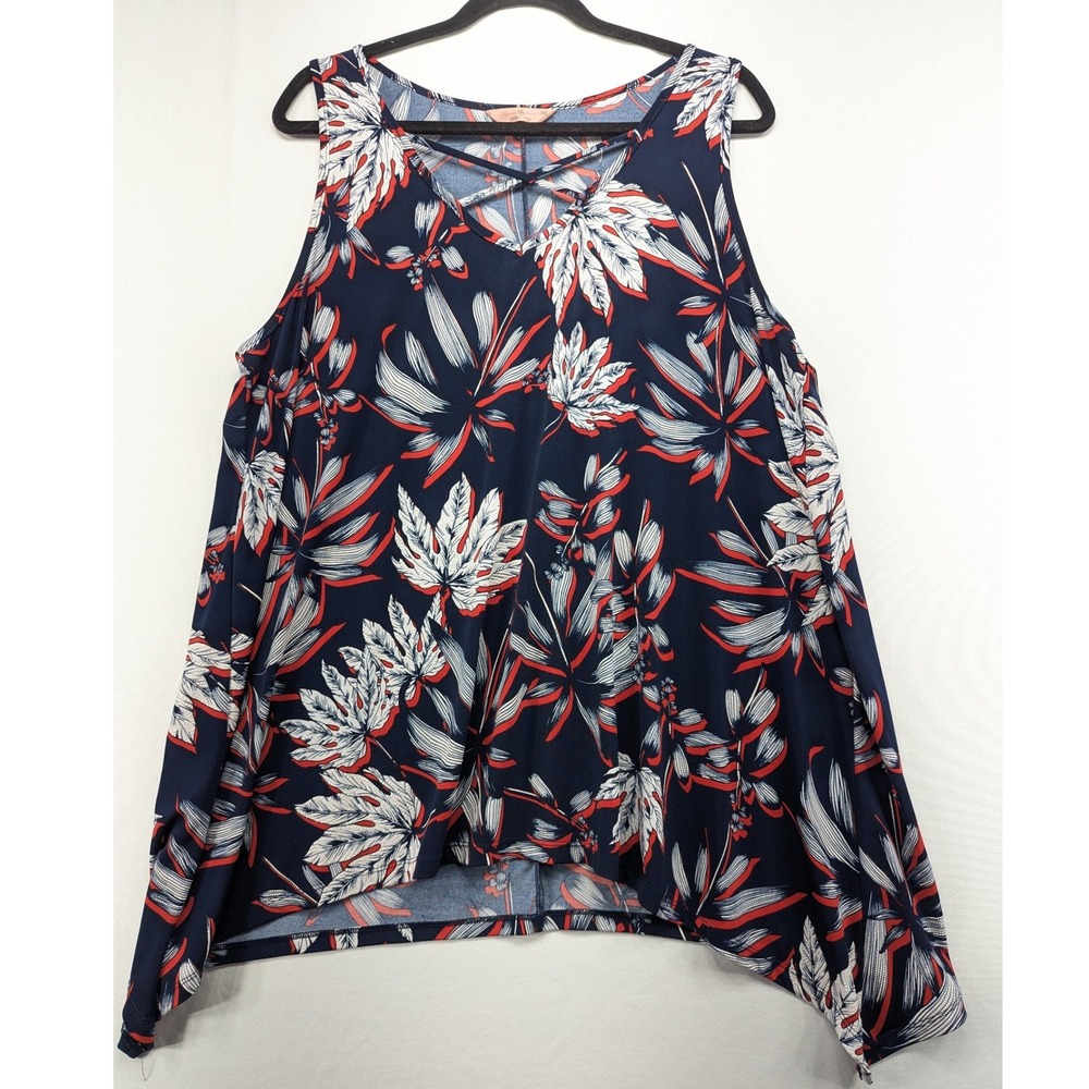 SJS Womens 3X Tropical Leaf Sharkbite Tank Top Navy Red Lattice V-Neck T8407X-RW